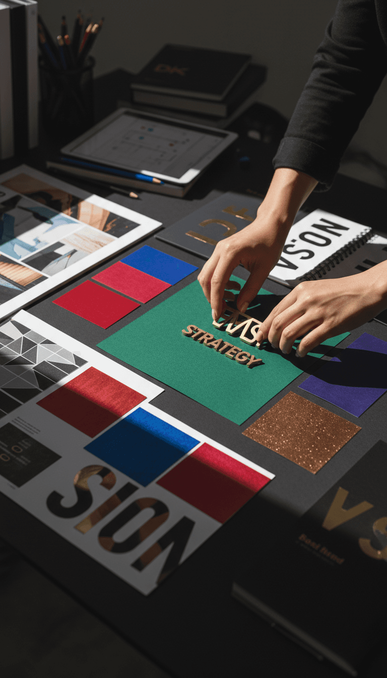 Strategist arranging brand identity materials on dark workspace