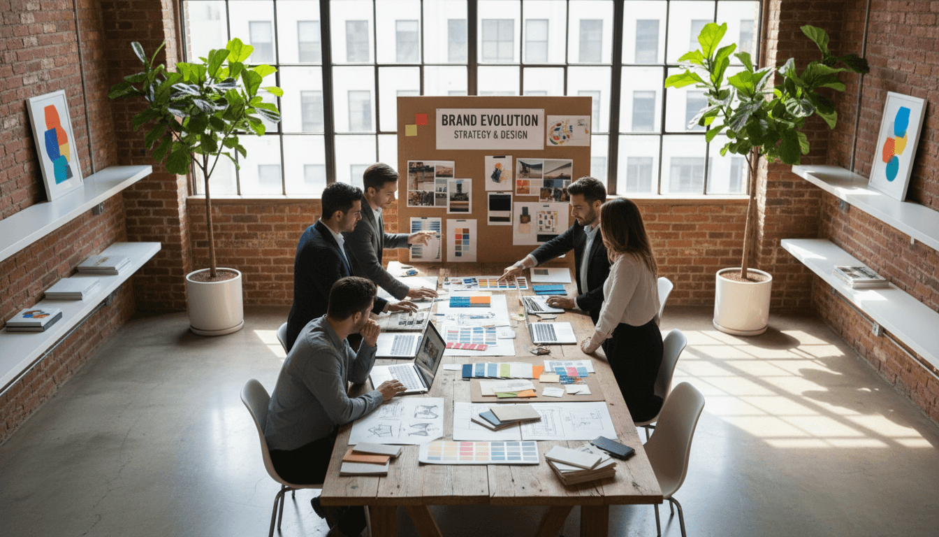 Marketing consultant reviewing brand strategy and creative materials at desk in modern Philadelphia office