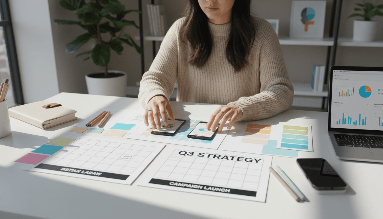 Marketing consultant reviewing brand strategy documents at a modern Philadelphia workspace