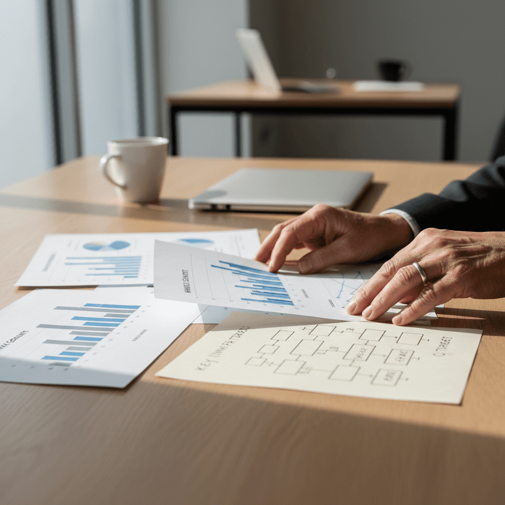 Marketing consultant reviewing brand strategy documents and market research materials at desk
