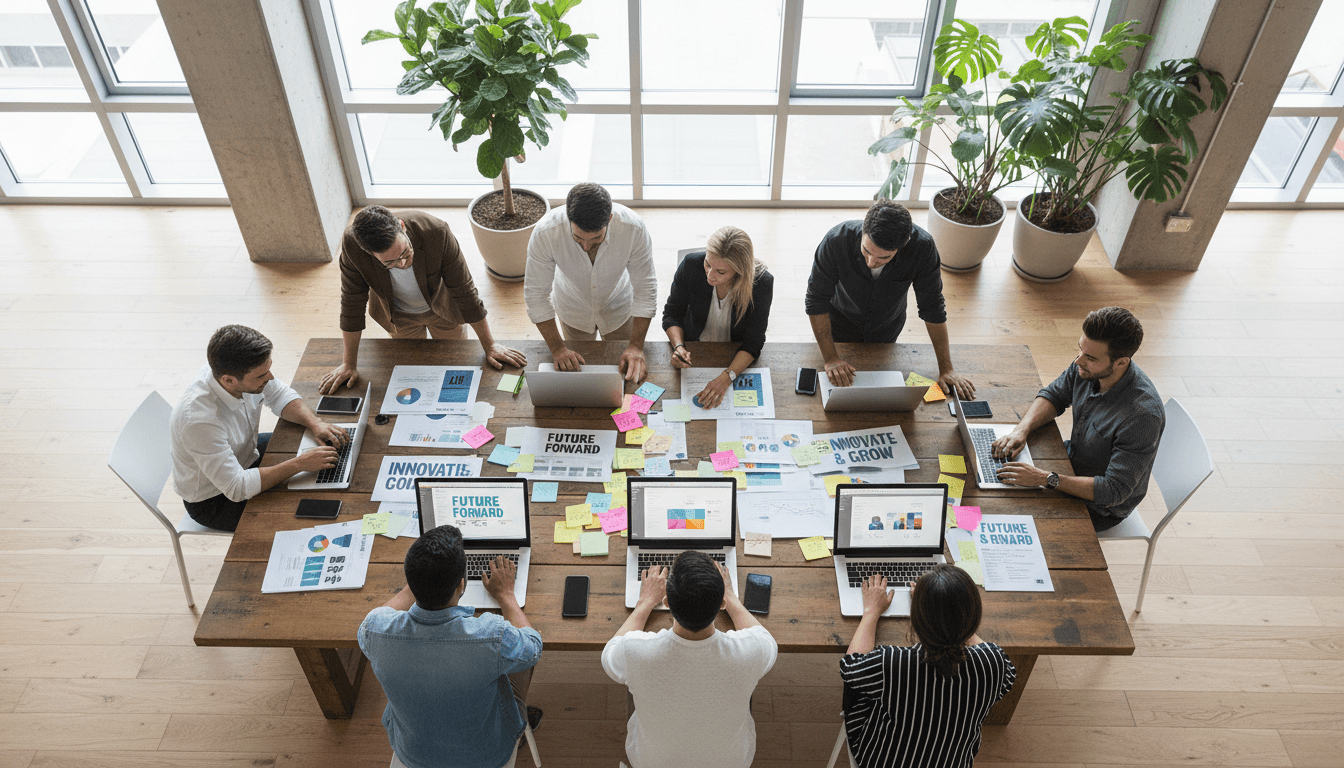 Marketing consultant reviewing brand strategy and identity materials at a modern workspace in Philadelphia